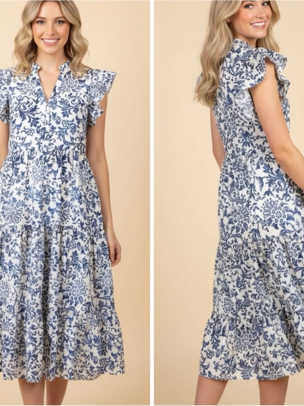 Blue and White Floral V-Neck Tiered Midi Dress
